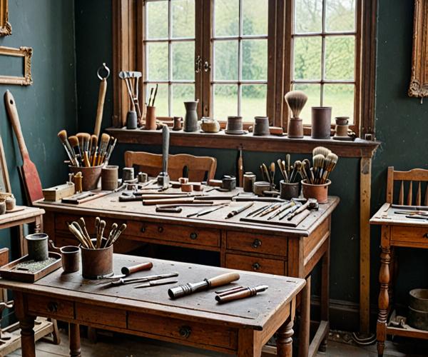 Historic conservation workshop with antique restoration tools and materials