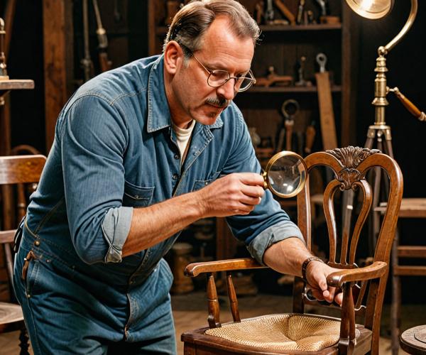 Professional conservator examining antique furniture in workshop
